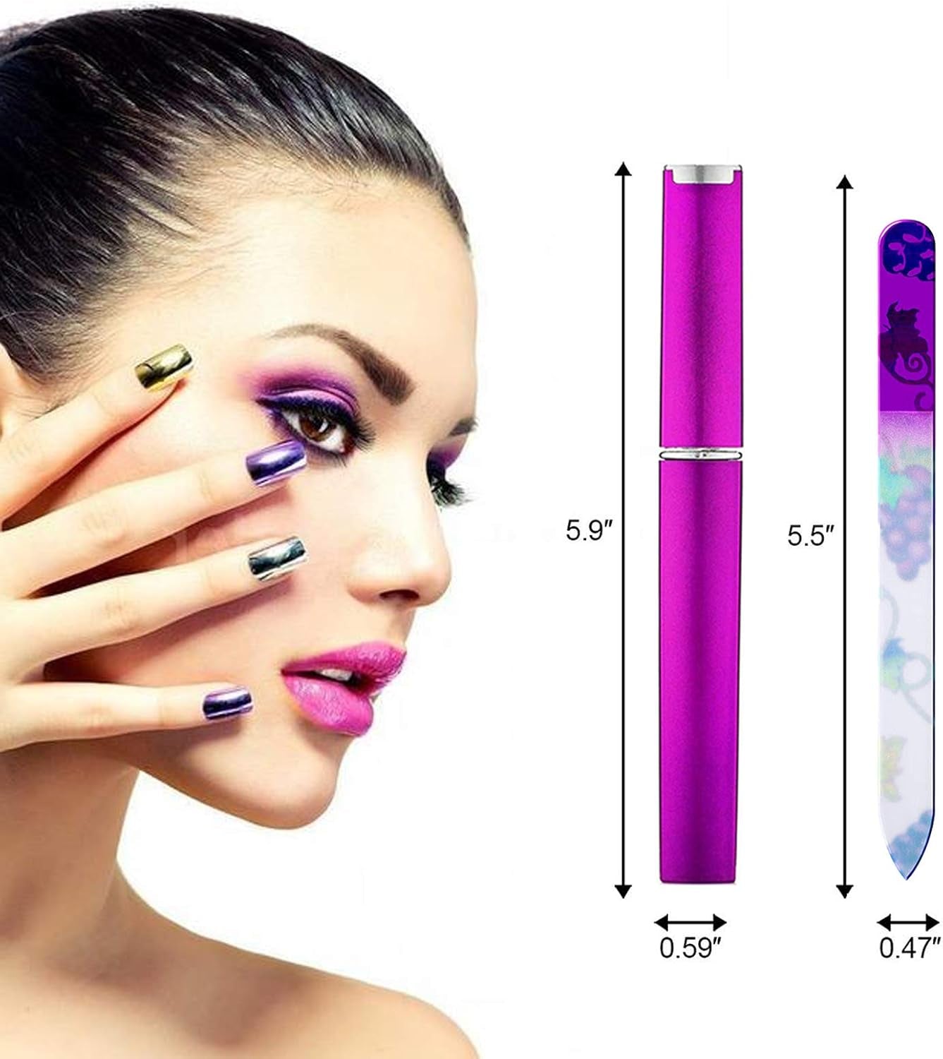 5 Pack Glass Nail File with Case, Crystal Fingernail Files, Double Sided Finger Nail Files, Professional Manicure Nail Care for Presents (Printed-5Pcs with Case)