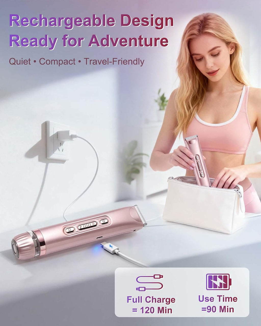 Bikini Trimmer for Women with LED Light, Dual Head Electric Razors for Women for Bikini Line, Face, Legs & Underarms, Waterproof Electric Shaver for Women, Rechargeable Grooming Trimmer