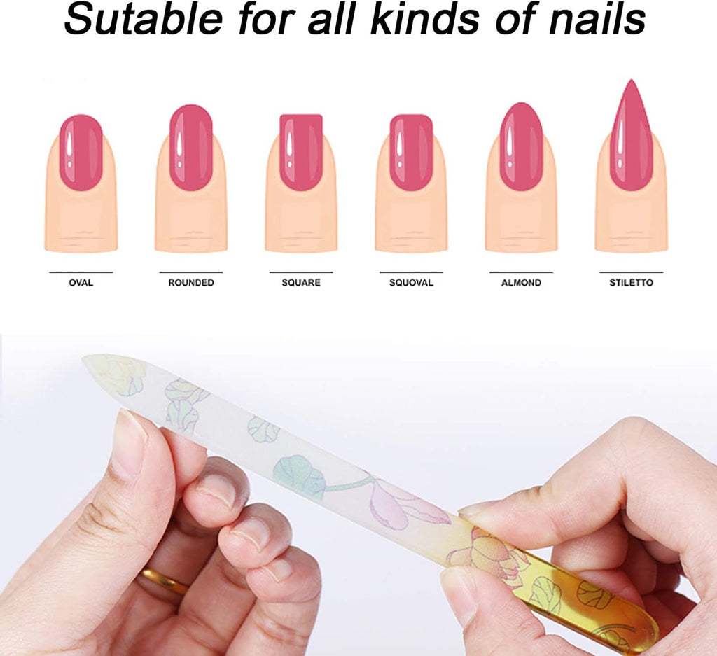 5 Pack Glass Nail File with Case, Crystal Fingernail Files, Double Sided Finger Nail Files, Professional Manicure Nail Care for Presents (Printed-5Pcs with Case)