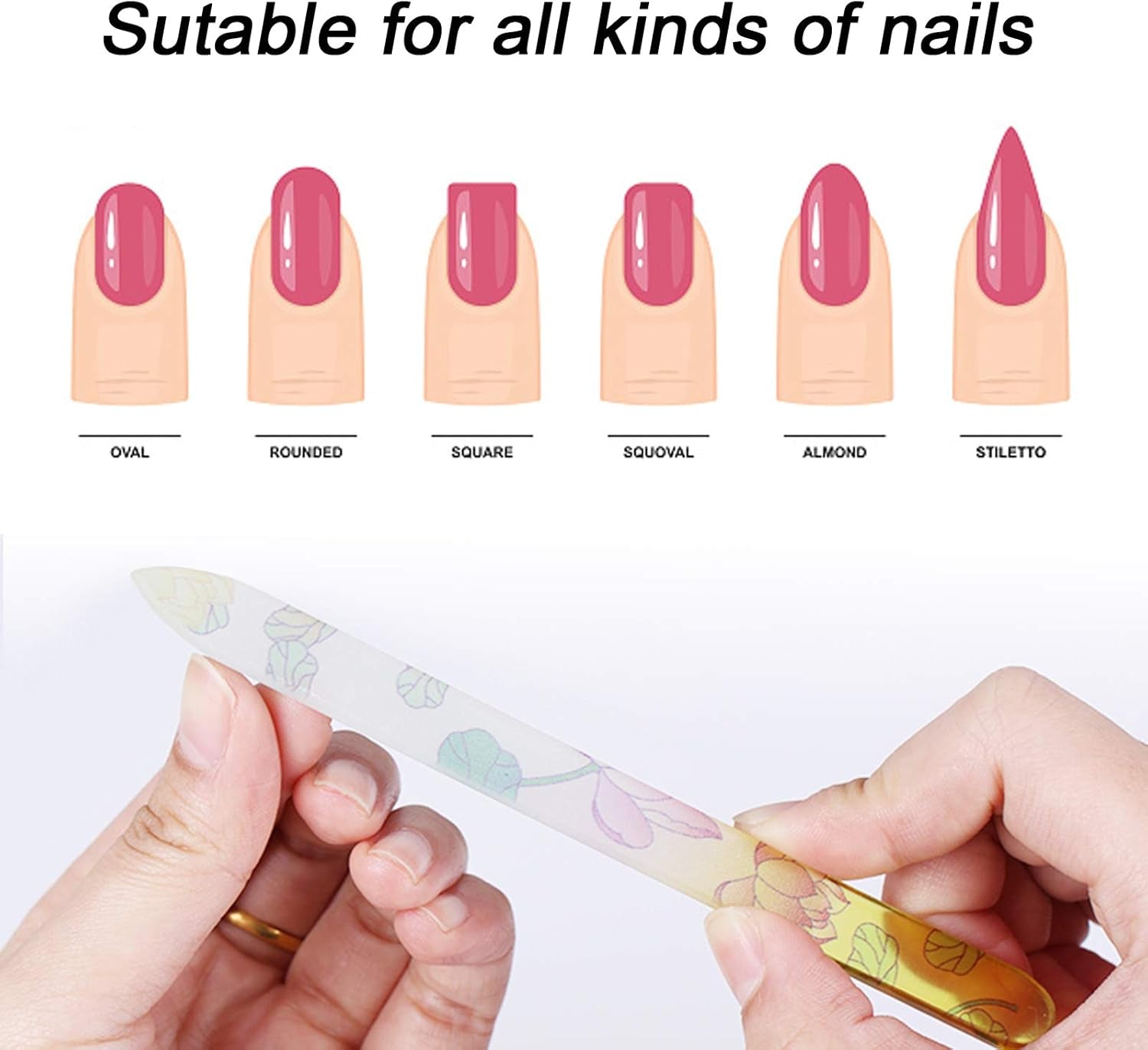 5 Pack Glass Nail File with Case, Crystal Fingernail Files, Double Sided Finger Nail Files, Professional Manicure Nail Care for Presents (Printed-5Pcs with Case)