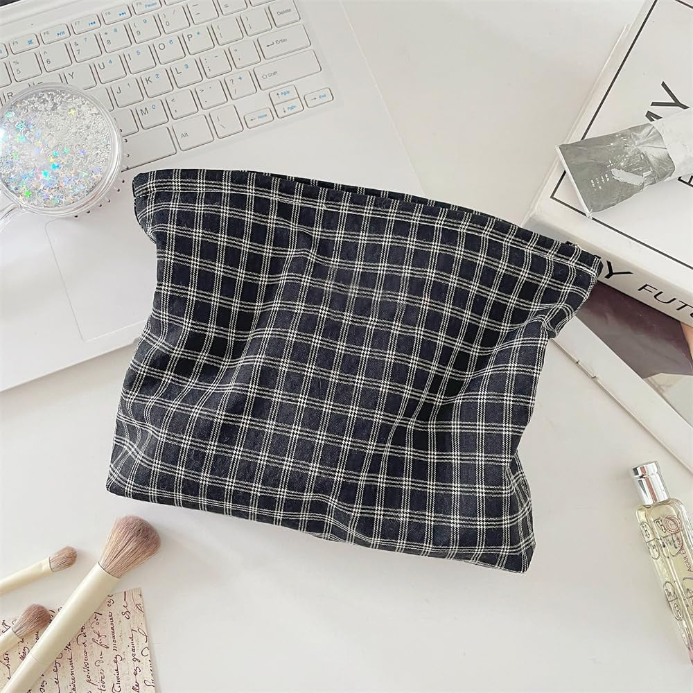 Flat Makeup Bag for Women,Zipper Cosmetic Pouch for Purse,Grid Black | Canvas-Lined Makeup Organizer for Purse, Cosmetics, Toiletries, Skincare, Travel Essentials, Brushes, Lipstick and Sunscreen