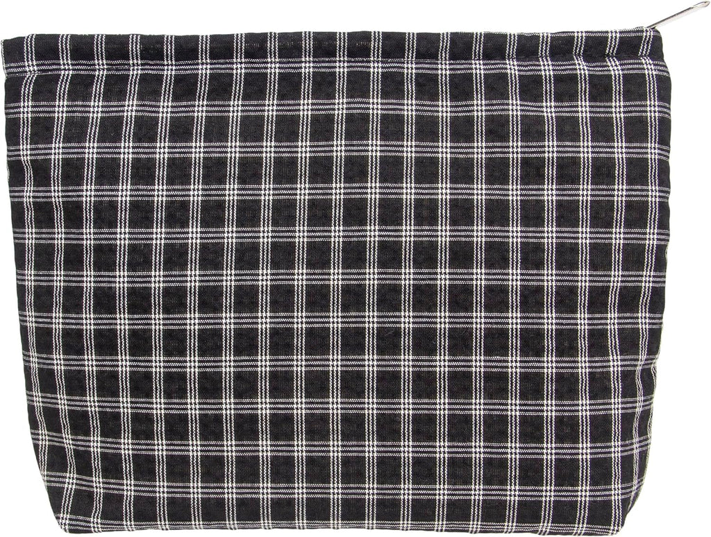 Flat Makeup Bag for Women,Zipper Cosmetic Pouch for Purse,Grid Black | Canvas-Lined Makeup Organizer for Purse, Cosmetics, Toiletries, Skincare, Travel Essentials, Brushes, Lipstick and Sunscreen