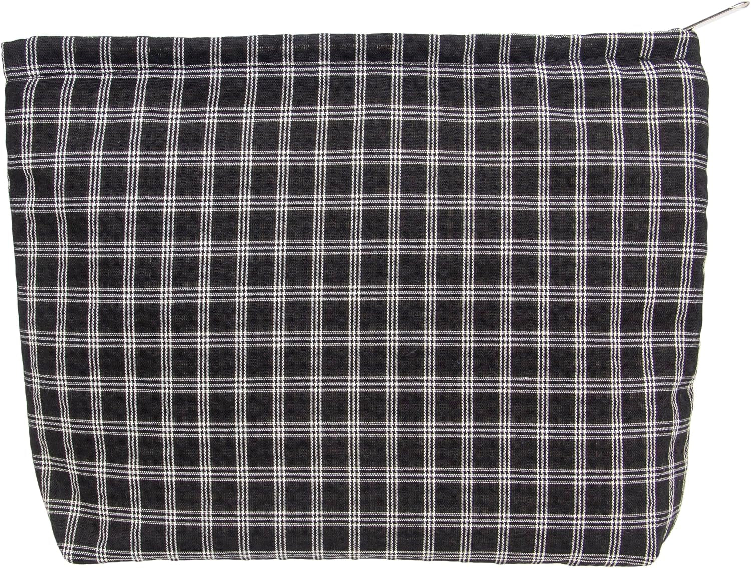 Flat Makeup Bag for Women,Zipper Cosmetic Pouch for Purse,Grid Black | Canvas-Lined Makeup Organizer for Purse, Cosmetics, Toiletries, Skincare, Travel Essentials, Brushes, Lipstick and Sunscreen