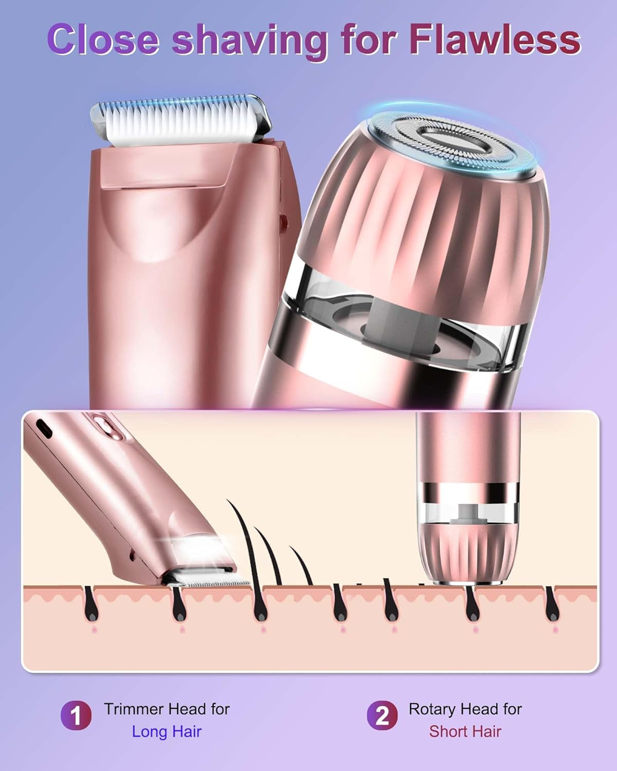 Bikini Trimmer for Women with LED Light, Dual Head Electric Razors for Women for Bikini Line, Face, Legs & Underarms, Waterproof Electric Shaver for Women, Rechargeable Grooming Trimmer