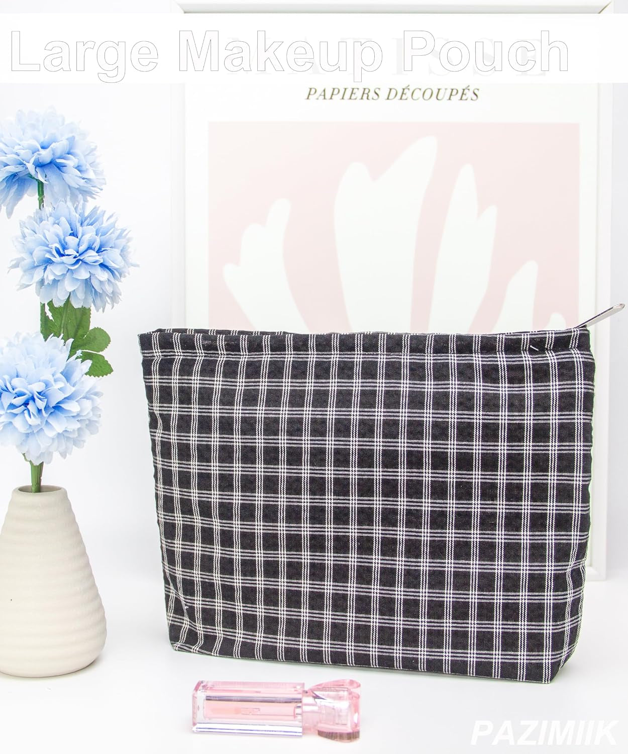 Flat Makeup Bag for Women,Zipper Cosmetic Pouch for Purse,Grid Black | Canvas-Lined Makeup Organizer for Purse, Cosmetics, Toiletries, Skincare, Travel Essentials, Brushes, Lipstick and Sunscreen