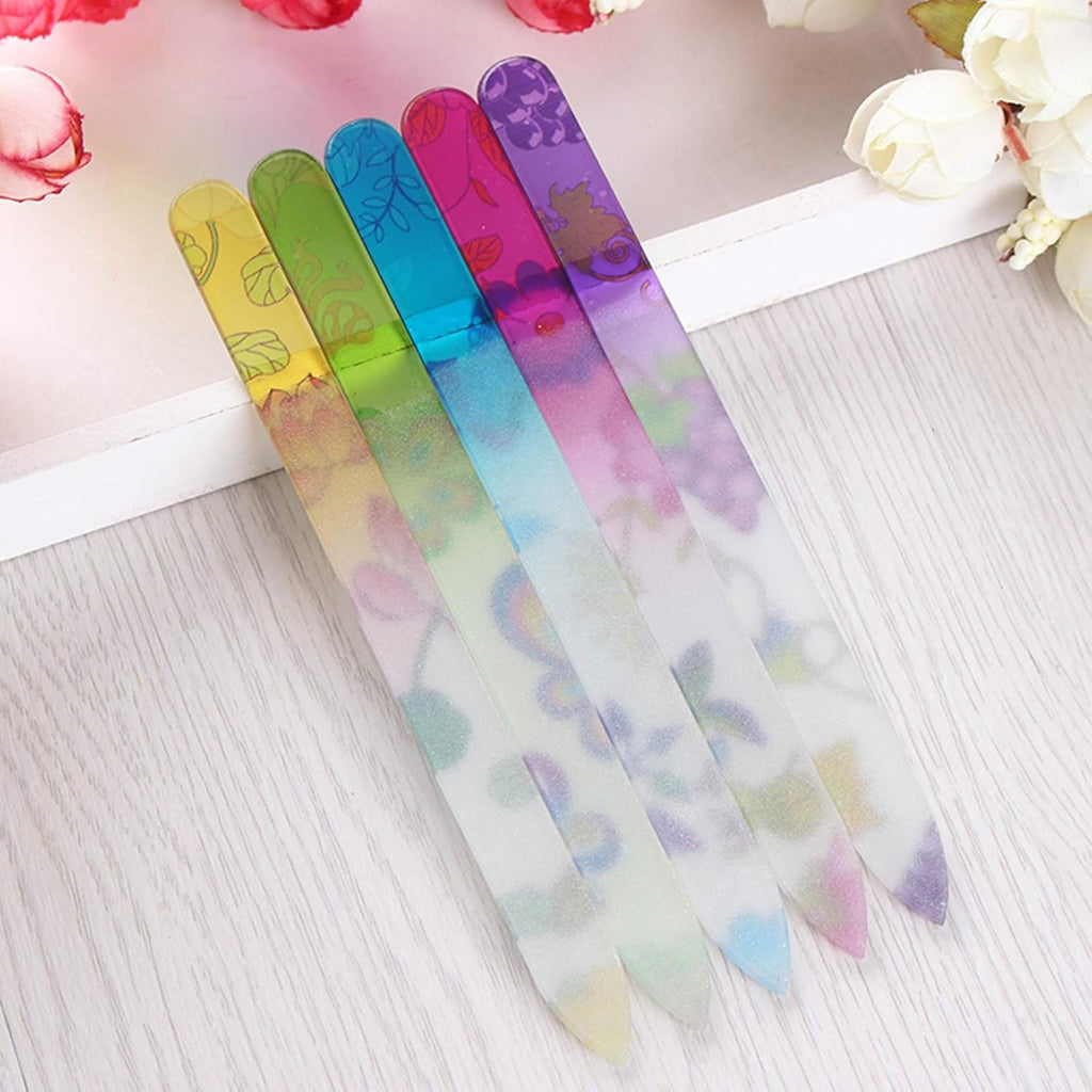5 Pack Glass Nail File with Case, Crystal Fingernail Files, Double Sided Finger Nail Files, Professional Manicure Nail Care for Presents (Printed-5Pcs with Case)