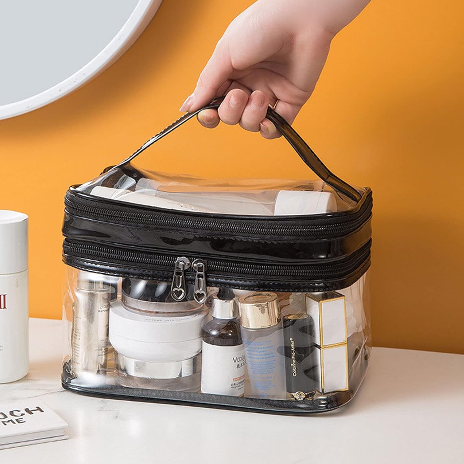 Clear Cosmetic Bag Dual Layer Travel Toiletry Bags Make up Organizer Waterproof Brushes Holder Black