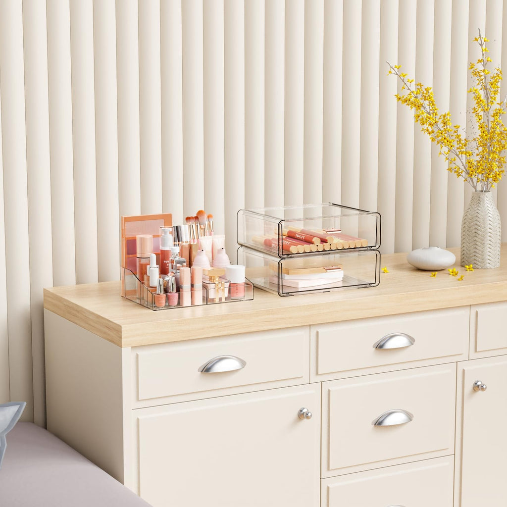 Clear Acrylic Makeup Organizers Countertop for Dresser,Desk,Bathroom Vanity,3 Tier Stackable Make up Holders and Makeup Cabinet,Tiered Cosmetic Storage and Make up Containers for Palette,Brush