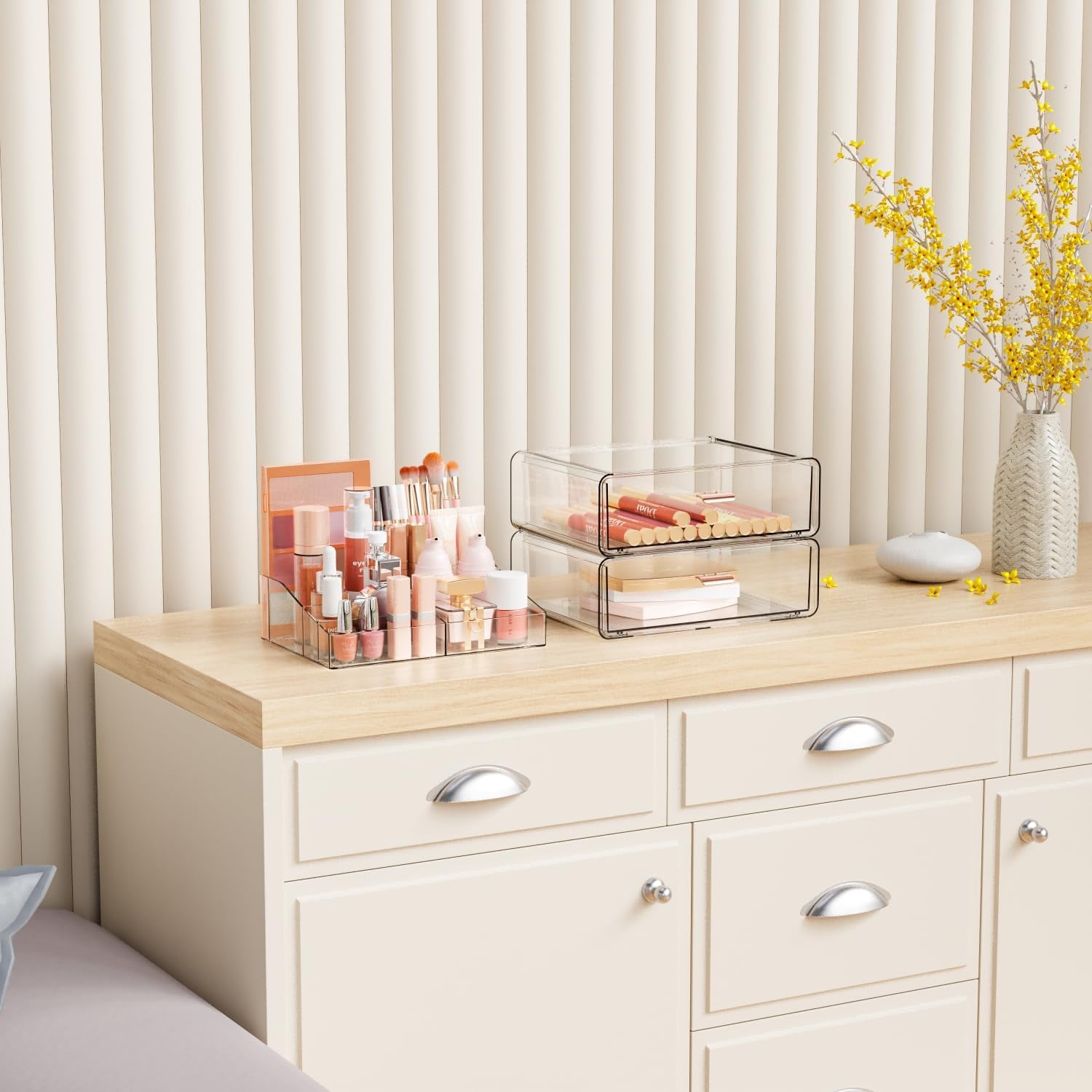 Clear Acrylic Makeup Organizers Countertop for Dresser,Desk,Bathroom Vanity,3 Tier Stackable Make up Holders and Makeup Cabinet,Tiered Cosmetic Storage and Make up Containers for Palette,Brush