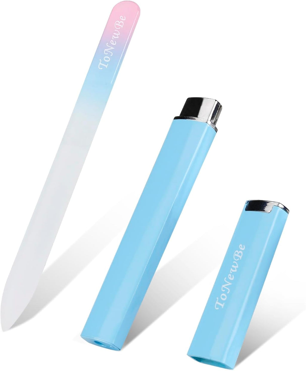 Glass Nail File in Case, Glass Fingernail File, Czech File, Double-Sided Etched Nail File for Nail Art & Nail Care, Christmas Gifts Stocking Stuffers (Pink-Blue)