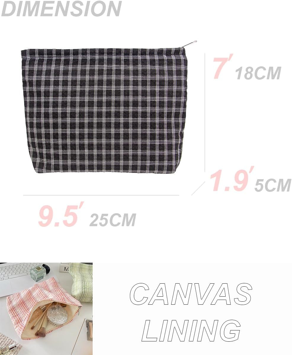 Flat Makeup Bag for Women,Zipper Cosmetic Pouch for Purse,Grid Black | Canvas-Lined Makeup Organizer for Purse, Cosmetics, Toiletries, Skincare, Travel Essentials, Brushes, Lipstick and Sunscreen