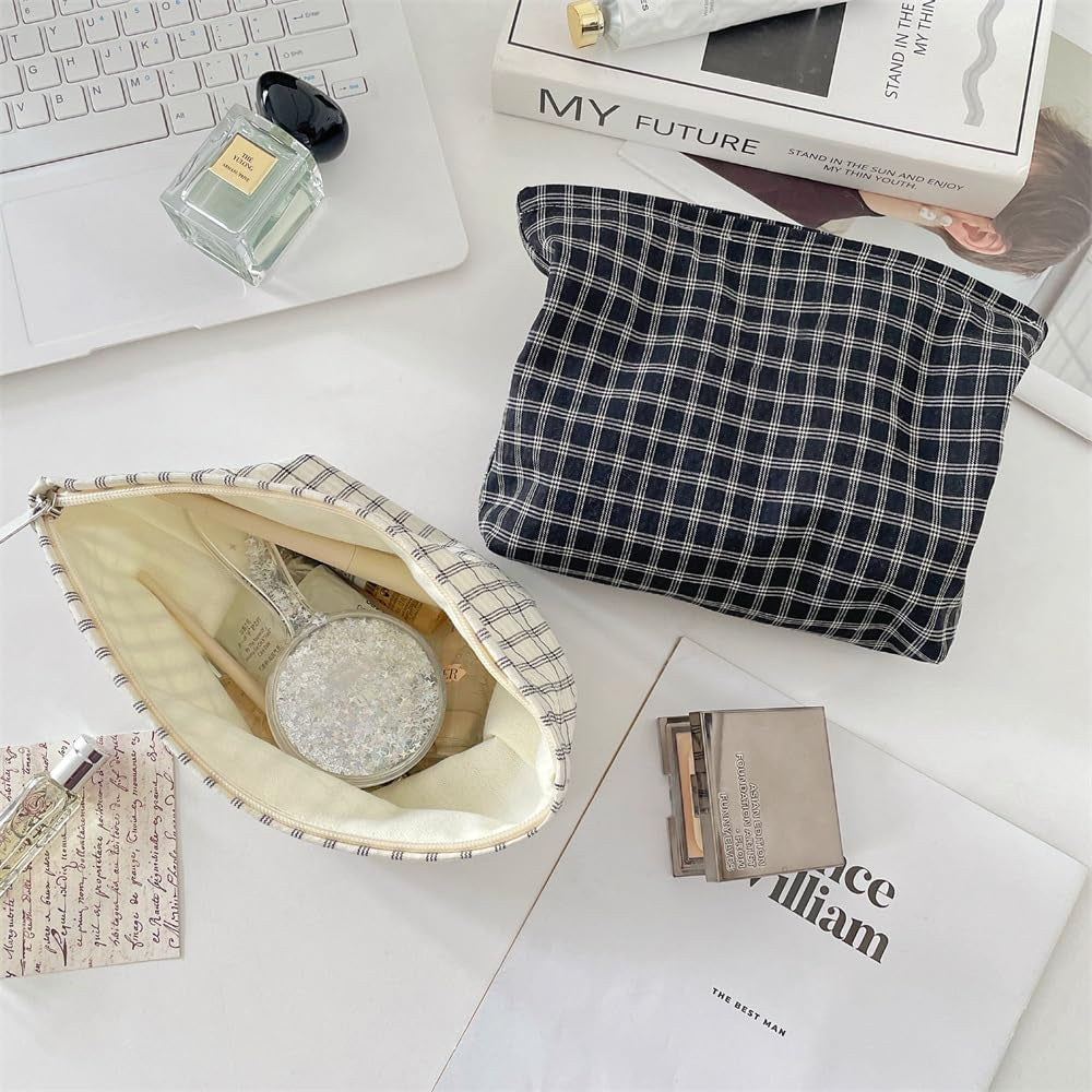 Flat Makeup Bag for Women,Zipper Cosmetic Pouch for Purse,Grid Black | Canvas-Lined Makeup Organizer for Purse, Cosmetics, Toiletries, Skincare, Travel Essentials, Brushes, Lipstick and Sunscreen