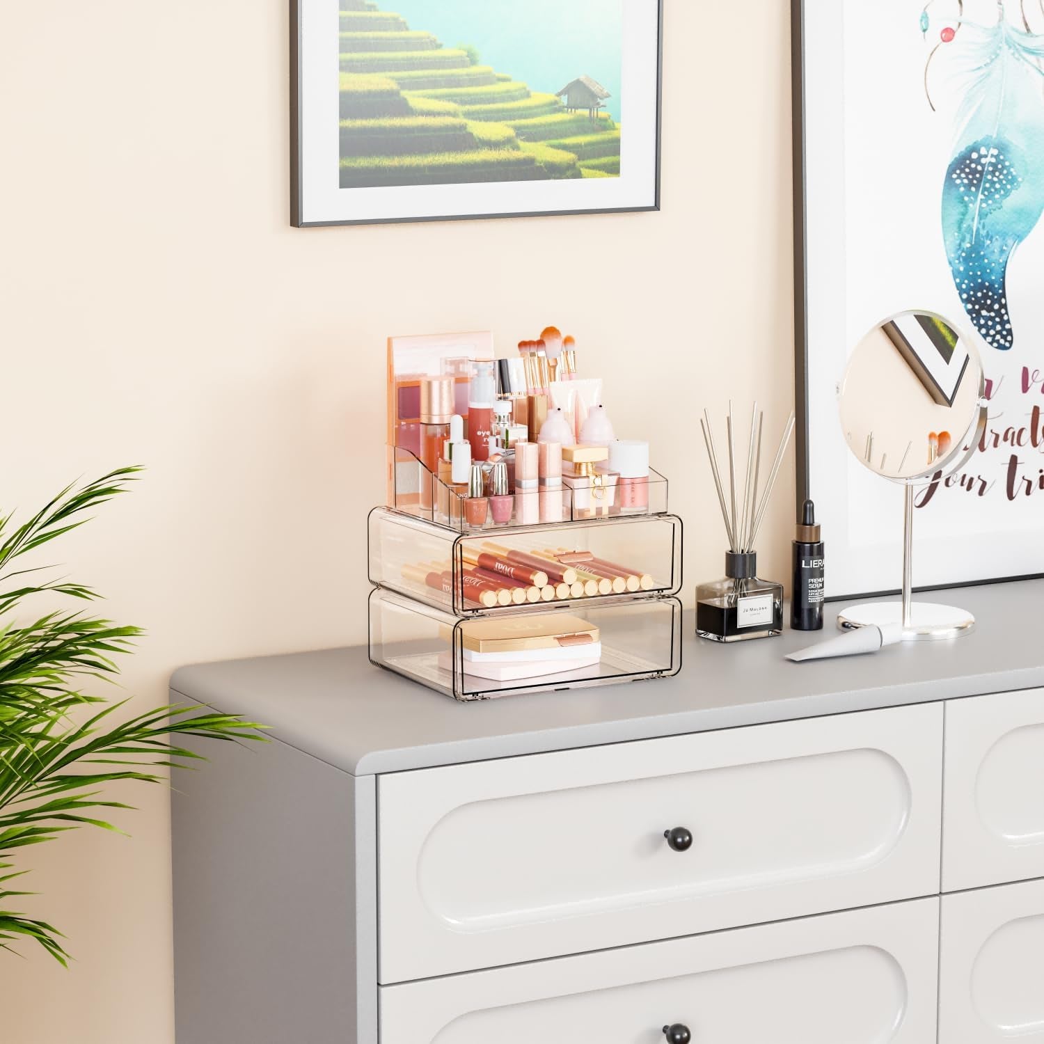 Clear Acrylic Makeup Organizers Countertop for Dresser,Desk,Bathroom Vanity,3 Tier Stackable Make up Holders and Makeup Cabinet,Tiered Cosmetic Storage and Make up Containers for Palette,Brush