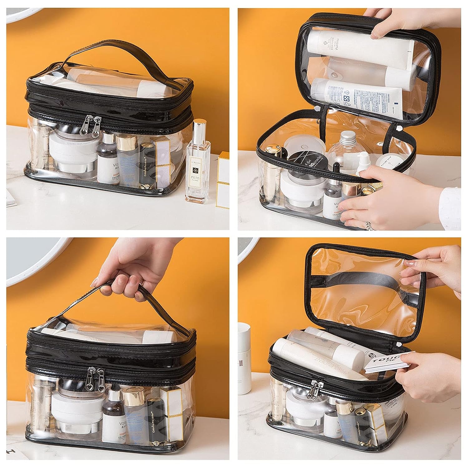Clear Cosmetic Bag Dual Layer Travel Toiletry Bags Make up Organizer Waterproof Brushes Holder Black