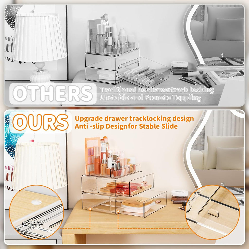 Clear Acrylic Makeup Organizers Countertop for Dresser,Desk,Bathroom Vanity,3 Tier Stackable Make up Holders and Makeup Cabinet,Tiered Cosmetic Storage and Make up Containers for Palette,Brush