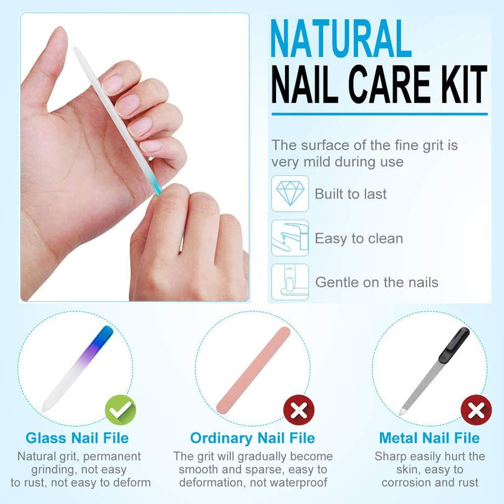 5 Pack Glass Nail File with Case, Crystal Fingernail Files, Double Sided Finger Nail Files, Professional Manicure Nail Care for Presents (Printed-5Pcs with Case)