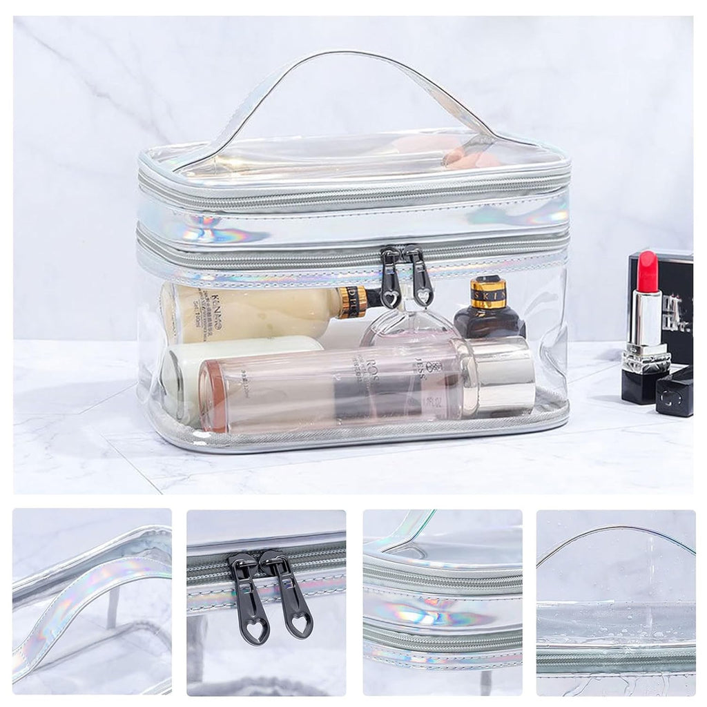 Clear Cosmetic Bag Dual Layer Travel Toiletry Bags Make up Organizer Waterproof Brushes Holder