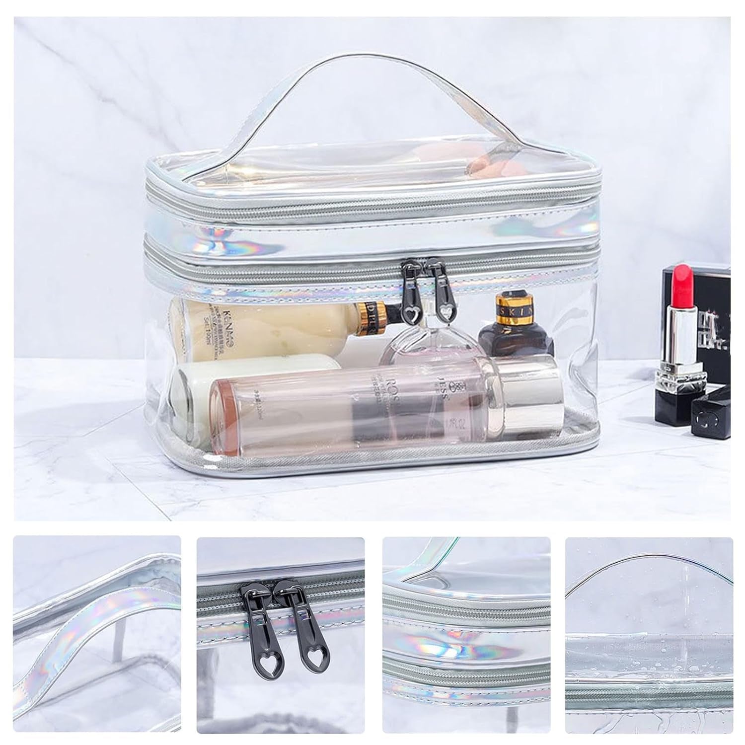 Clear Cosmetic Bag Dual Layer Travel Toiletry Bags Make up Organizer Waterproof Brushes Holder