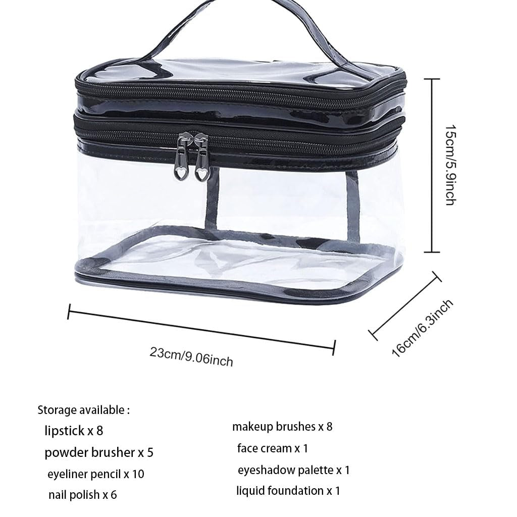 Clear Cosmetic Bag Dual Layer Travel Toiletry Bags Make up Organizer Waterproof Brushes Holder Black