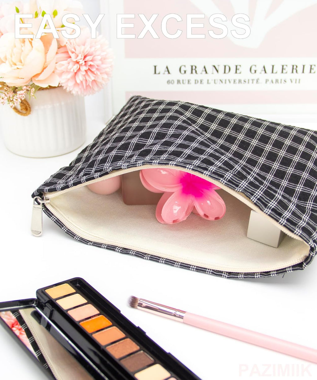Flat Makeup Bag for Women,Zipper Cosmetic Pouch for Purse,Grid Black | Canvas-Lined Makeup Organizer for Purse, Cosmetics, Toiletries, Skincare, Travel Essentials, Brushes, Lipstick and Sunscreen