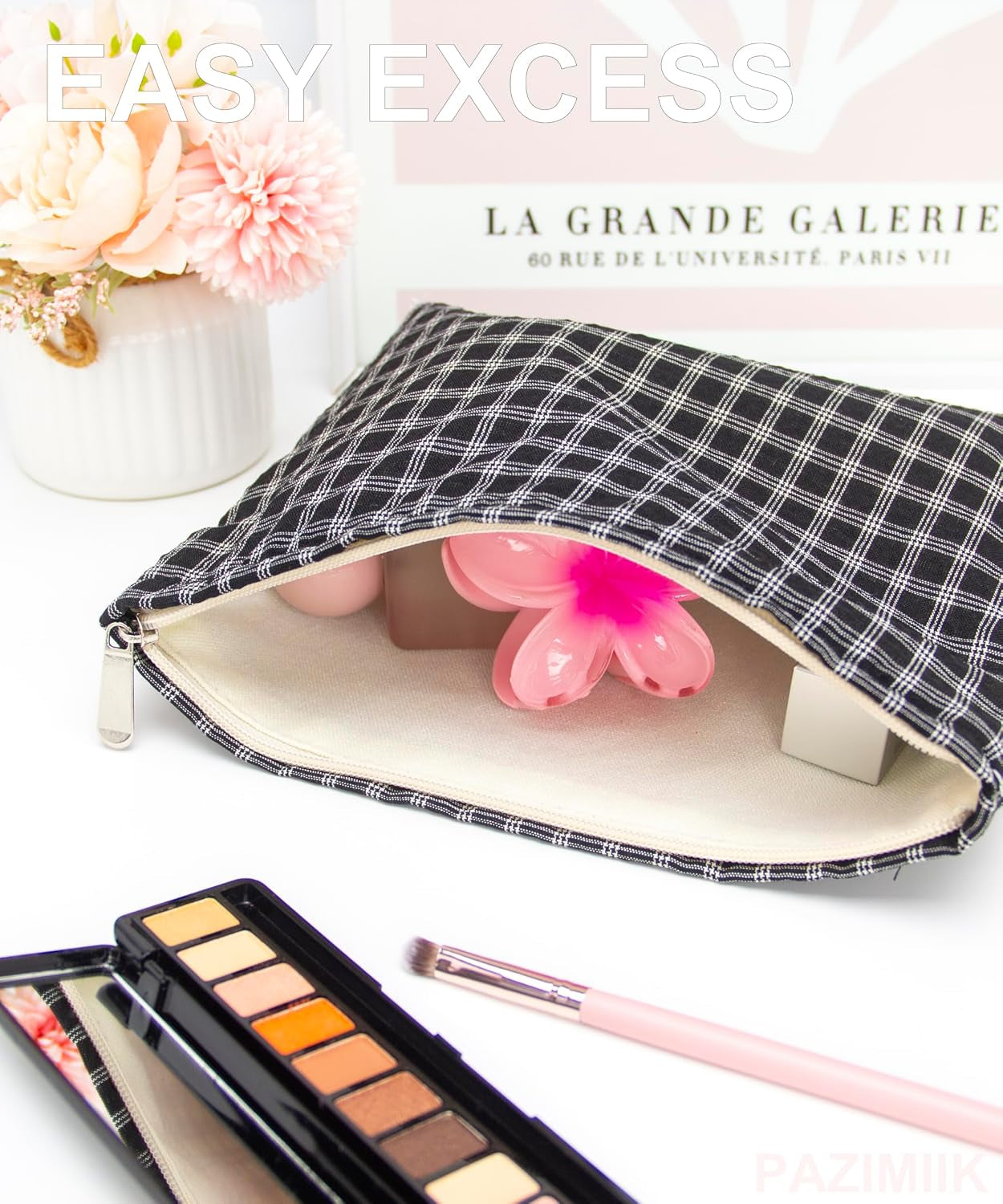Flat Makeup Bag for Women,Zipper Cosmetic Pouch for Purse,Grid Black | Canvas-Lined Makeup Organizer for Purse, Cosmetics, Toiletries, Skincare, Travel Essentials, Brushes, Lipstick and Sunscreen