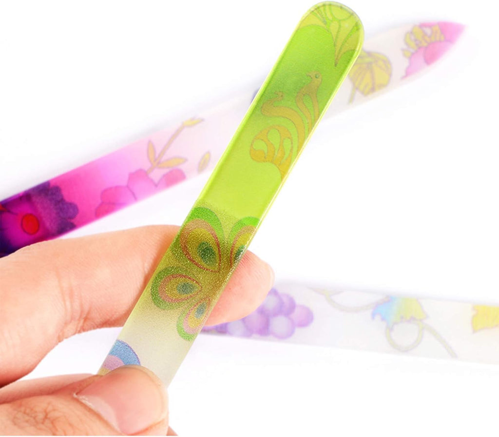 5 Pack Glass Nail File with Case, Crystal Fingernail Files, Double Sided Finger Nail Files, Professional Manicure Nail Care for Presents (Printed-5Pcs with Case)