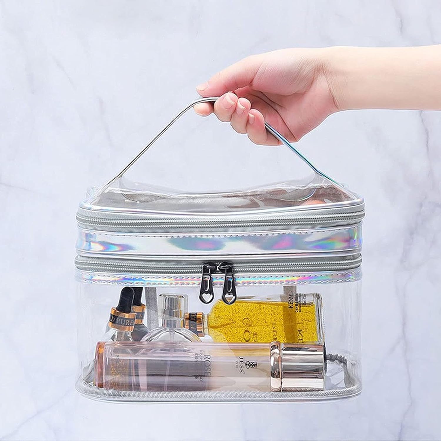 Clear Cosmetic Bag Dual Layer Travel Toiletry Bags Make up Organizer Waterproof Brushes Holder