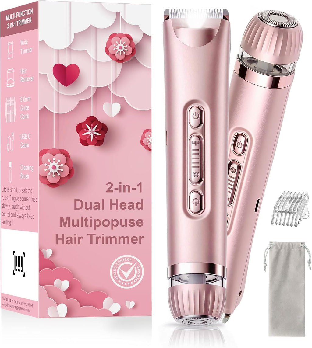 Bikini Trimmer for Women with LED Light, Dual Head Electric Razors for Women for Bikini Line, Face, Legs & Underarms, Waterproof Electric Shaver for Women, Rechargeable Grooming Trimmer