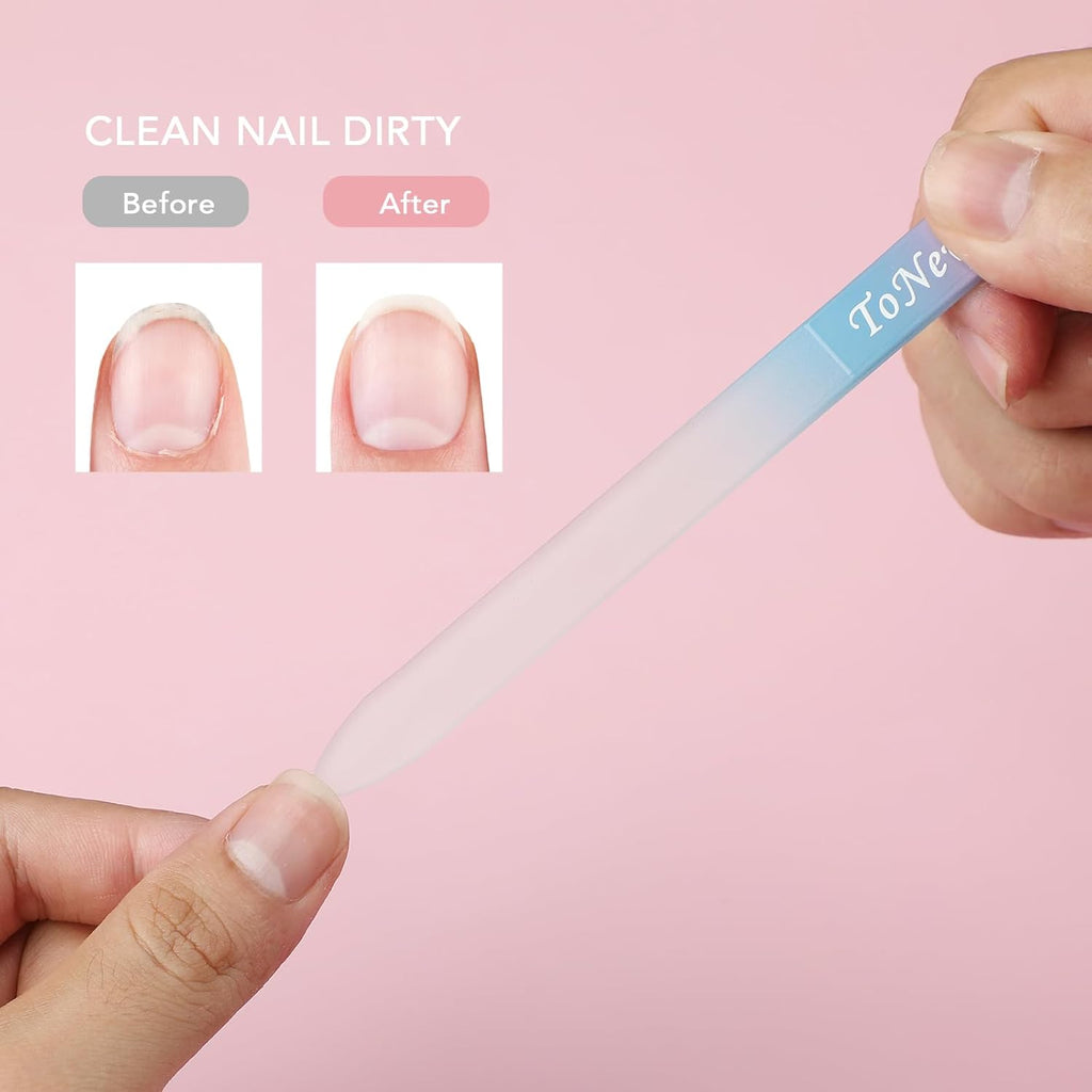 Glass Nail File in Case, Glass Fingernail File, Czech File, Double-Sided Etched Nail File for Nail Art & Nail Care, Christmas Gifts Stocking Stuffers (Pink-Blue)