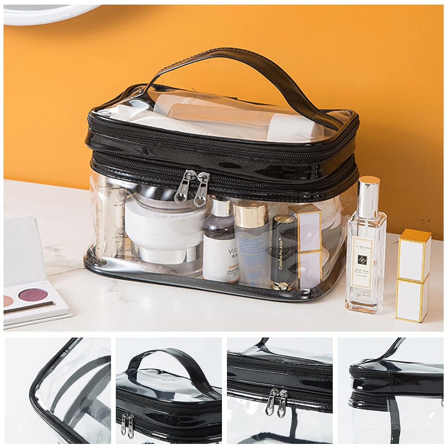 Clear Cosmetic Bag Dual Layer Travel Toiletry Bags Make up Organizer Waterproof Brushes Holder Black