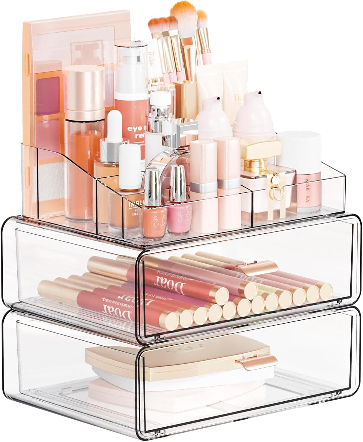 Clear Acrylic Makeup Organizers Countertop for Dresser,Desk,Bathroom Vanity,3 Tier Stackable Make up Holders and Makeup Cabinet,Tiered Cosmetic Storage and Make up Containers for Palette,Brush