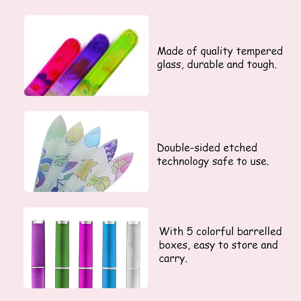5 Pack Glass Nail File with Case, Crystal Fingernail Files, Double Sided Finger Nail Files, Professional Manicure Nail Care for Presents (Printed-5Pcs with Case)