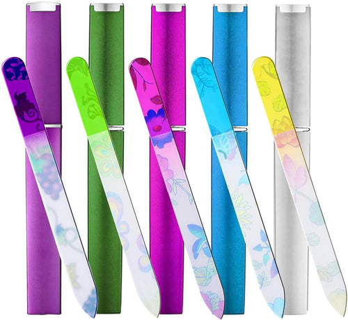 5 Pack Glass Nail File with Case, Crystal Fingernail Files, Double Sided Finger Nail Files, Professional Manicure Nail Care for Presents (Printed-5Pcs with Case)