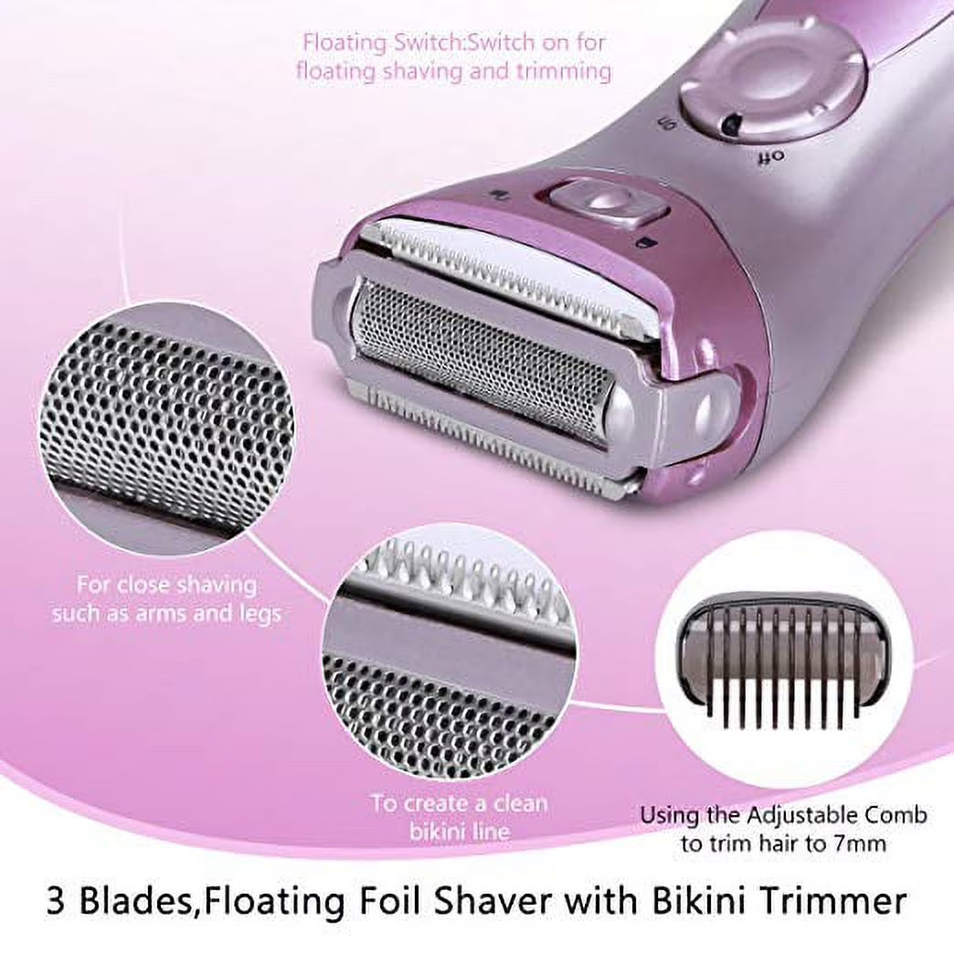 Electric Shaver for Women, Cordless Waterproof Personal Razor Remover Shavers Trimmer Kit for Ladys Legs Face Facial Hair Bikini Area Armpit Body, Purple