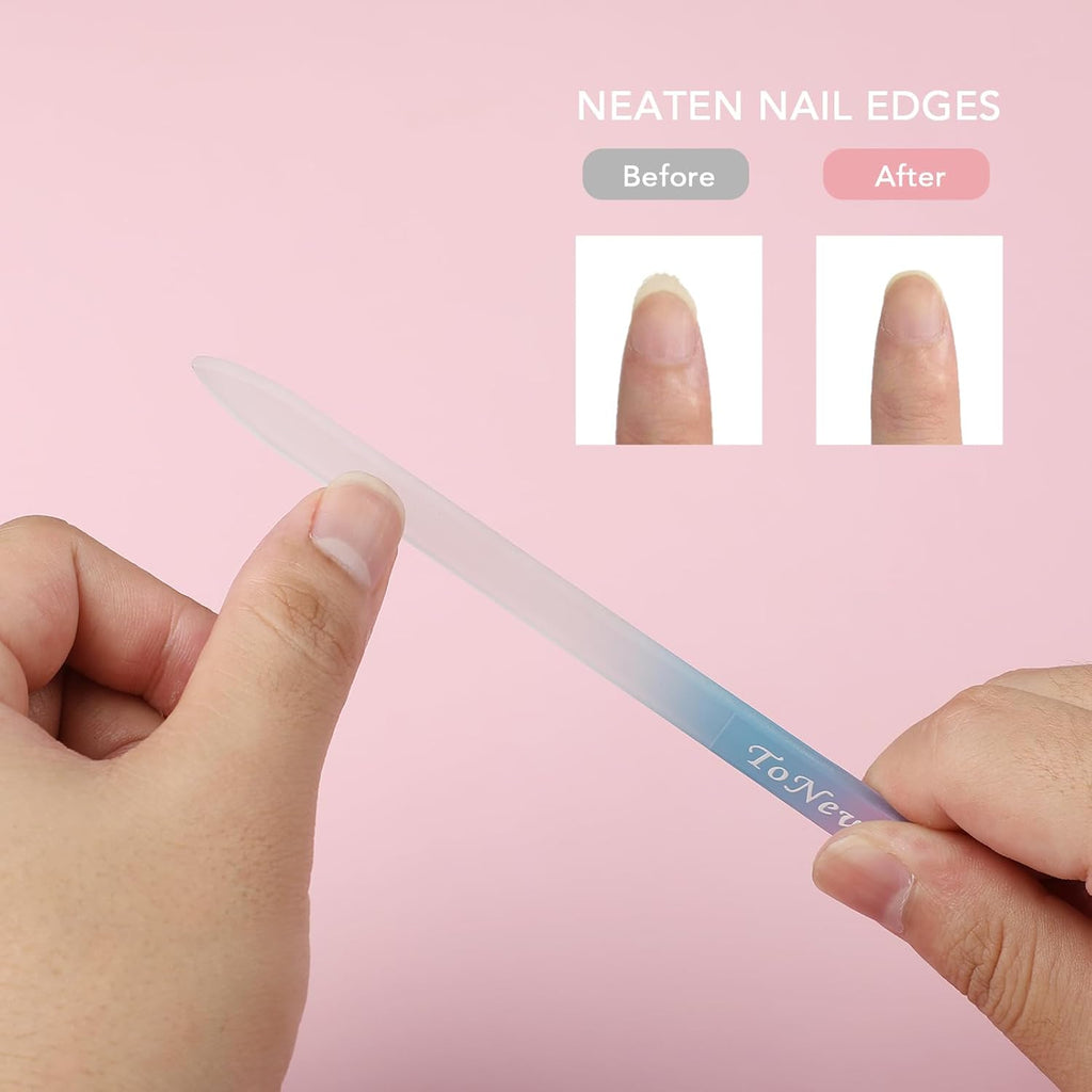 Glass Nail File in Case, Glass Fingernail File, Czech File, Double-Sided Etched Nail File for Nail Art & Nail Care, Christmas Gifts Stocking Stuffers (Pink-Blue)